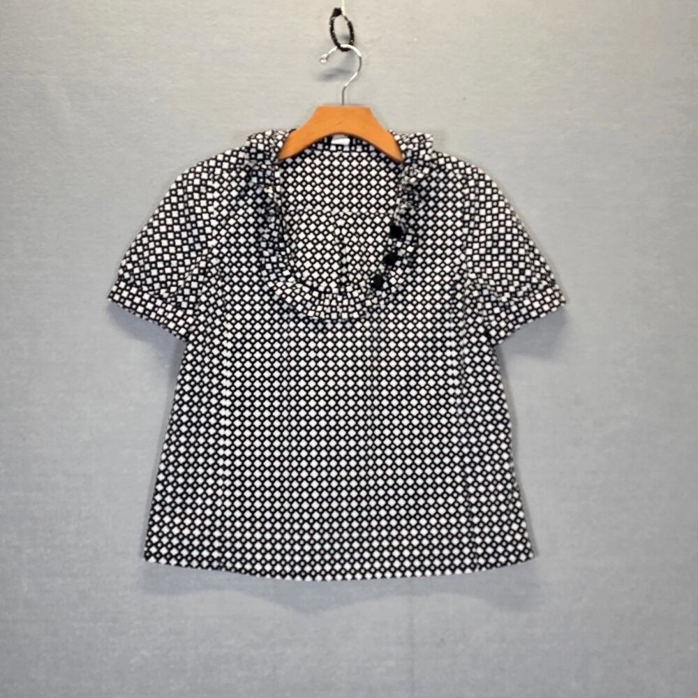 J Crew Shirt Womens  Ruffle Short Sleeve Blouse Round Neck  Black White Size  2